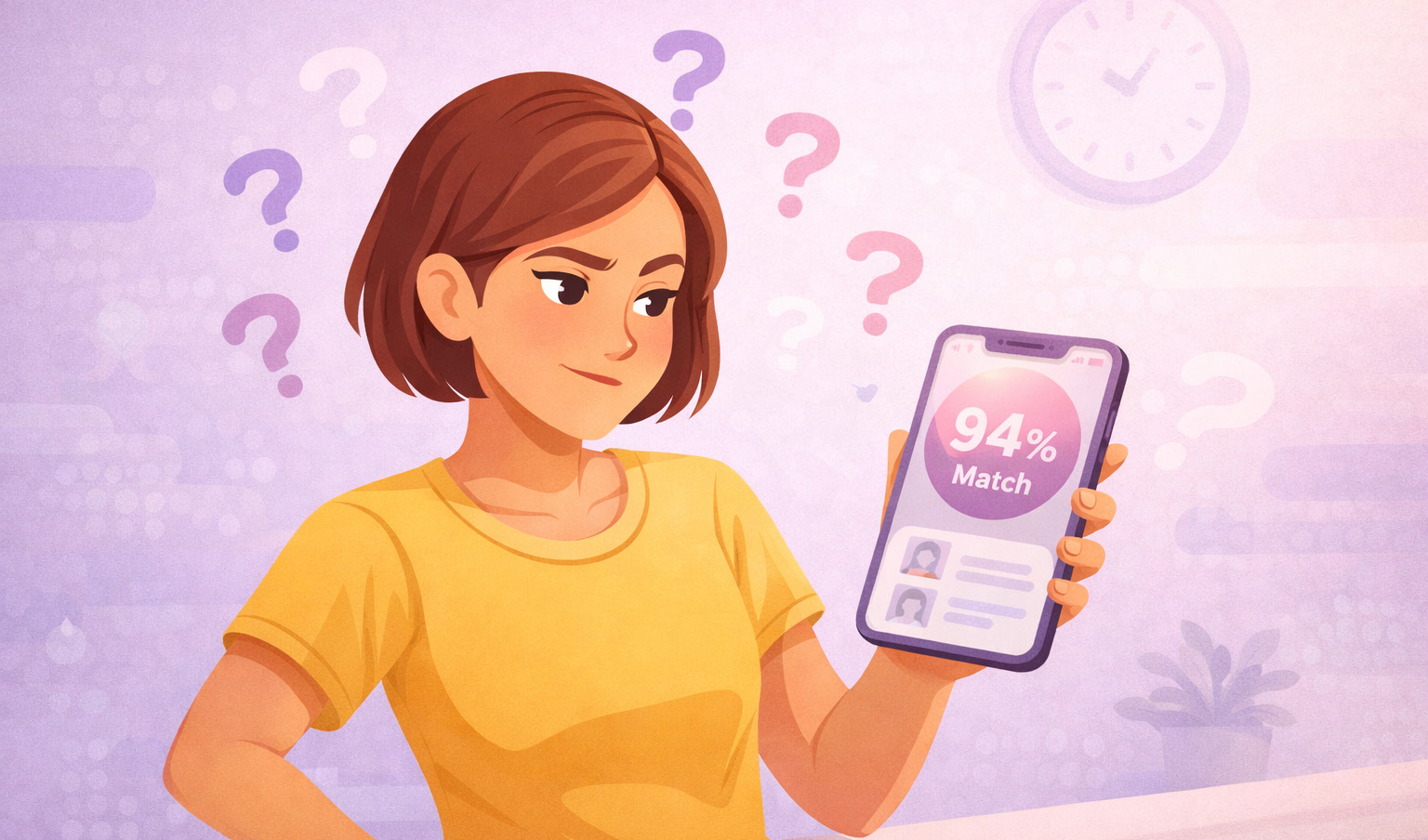 Woman questioning whether a 94 percent OkCupid compatibility match is worth it in 2026