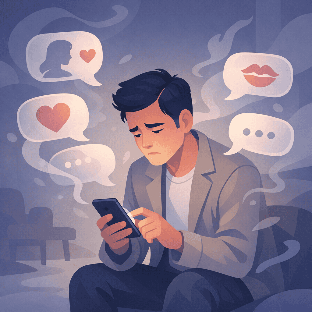 Person using phone with chat icons,feeling uneasy about his latest chats with his match. 