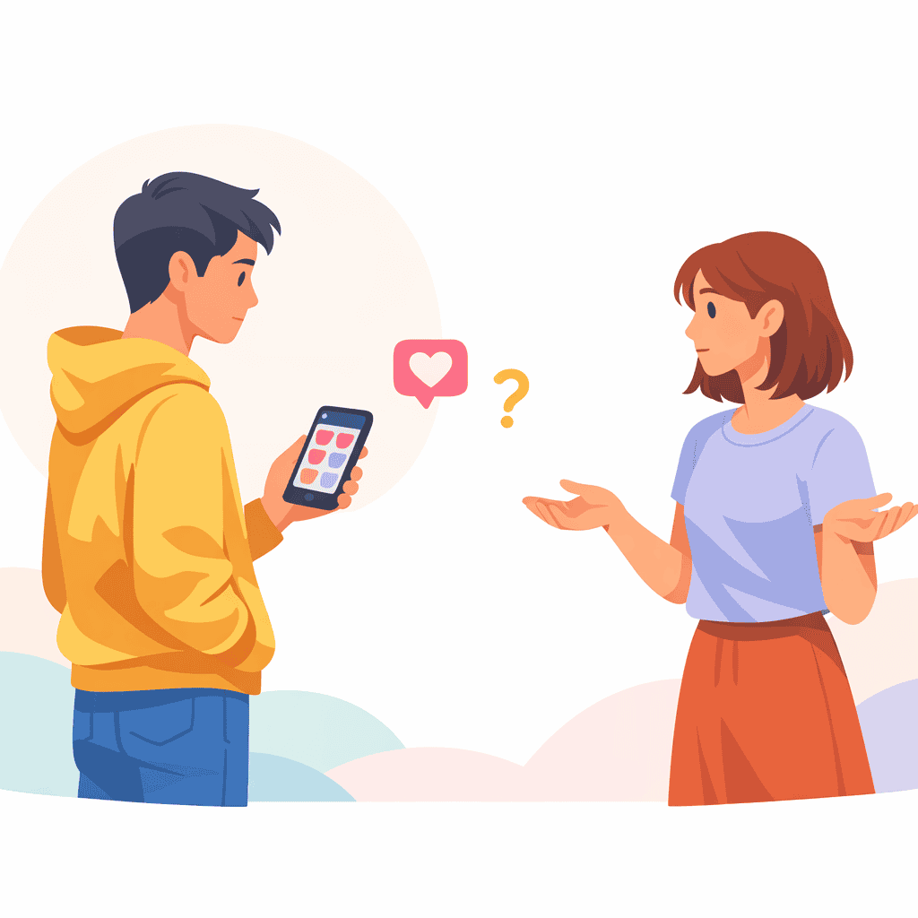 Illustration of uncertainty in modern dating when connection stays on Instagram without moving forward