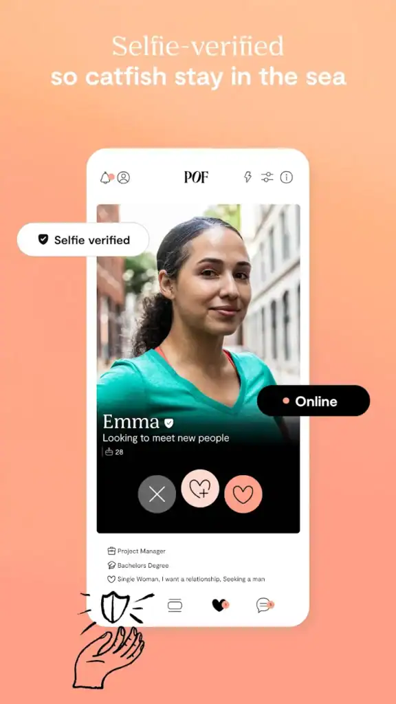 POF app Meet Me swiping interface showing a selfie-verified profile with dating intent and online status