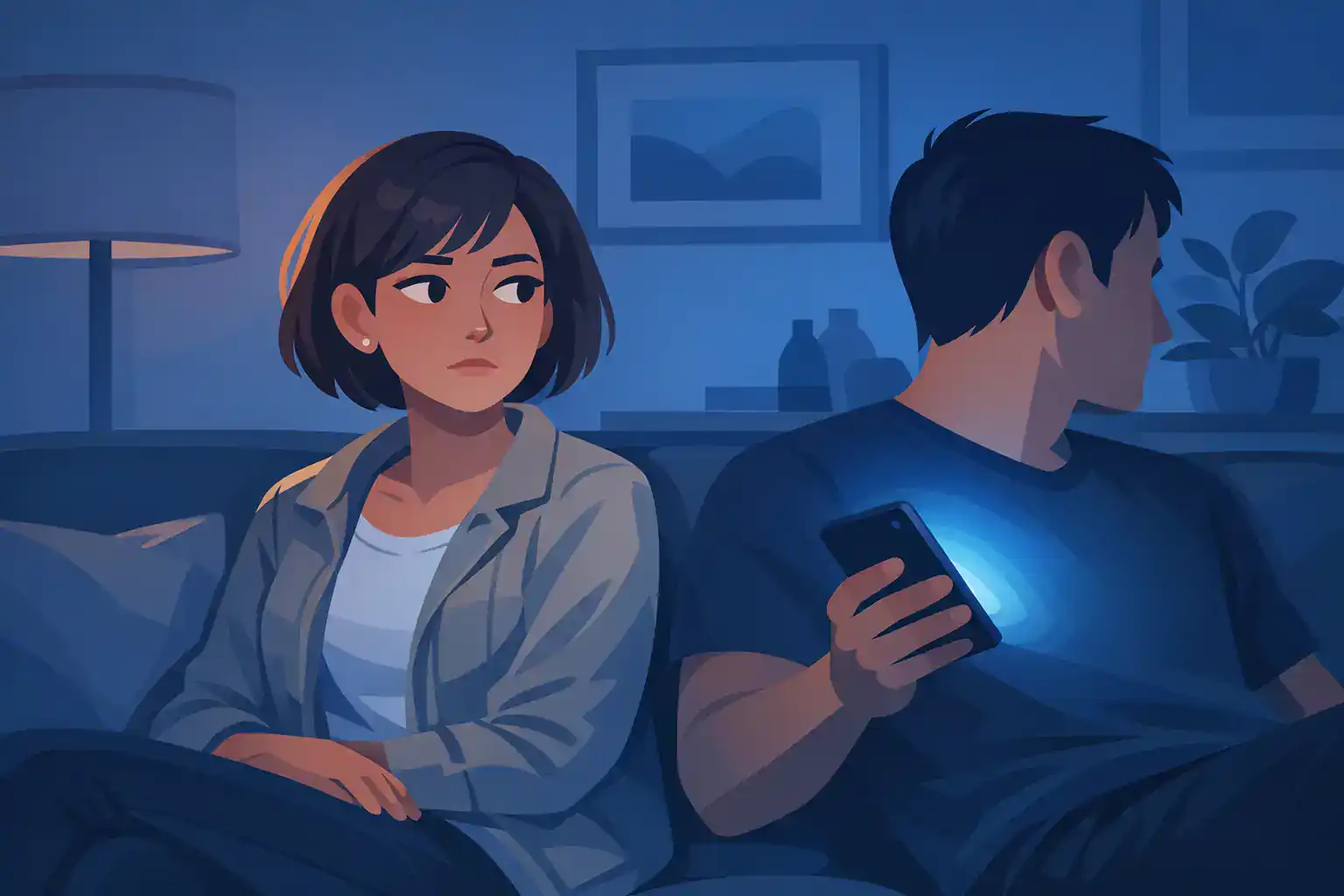 Image 2: Woman noticing boyfriend secretly cheating on Tinder by hiding his phone