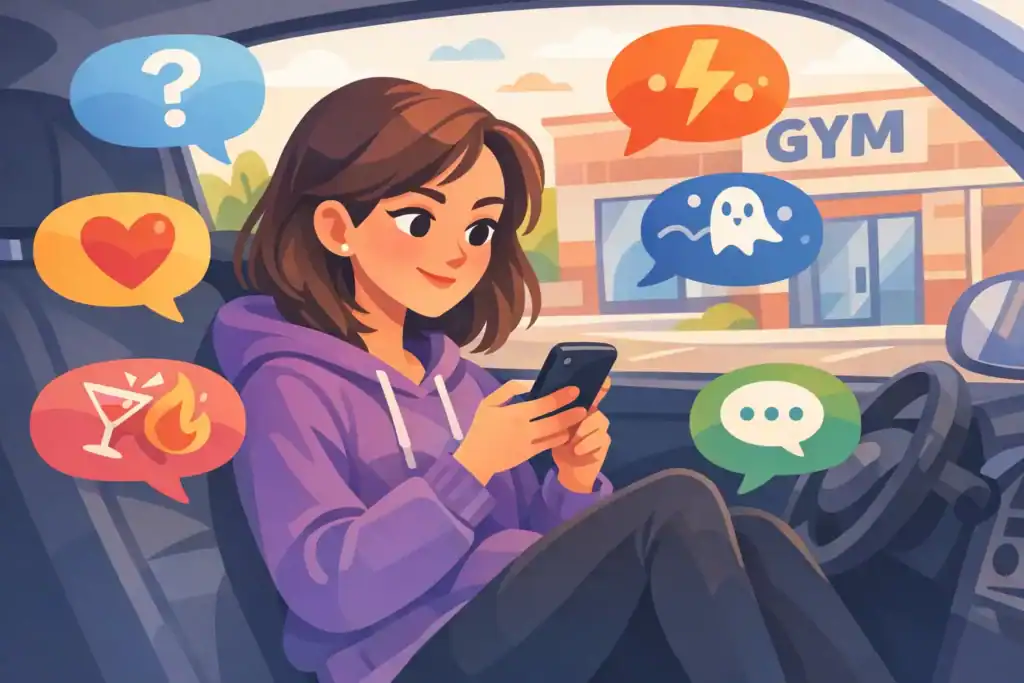 Woman testing different tinder conversation starters in car outside gym with colorful message bubbles showing various opener styles
