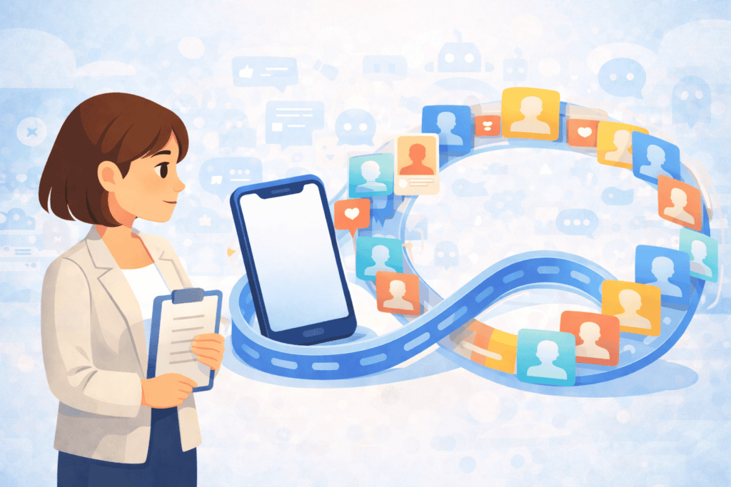 Illustration showing repetitive dating app activity that creates the illusion of progress