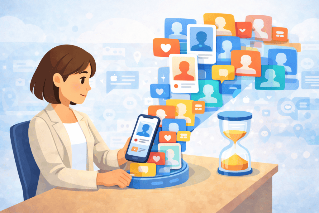 Editorial illustration for a Tinder review showing how profile visibility, timing, and local options affect results in 2026