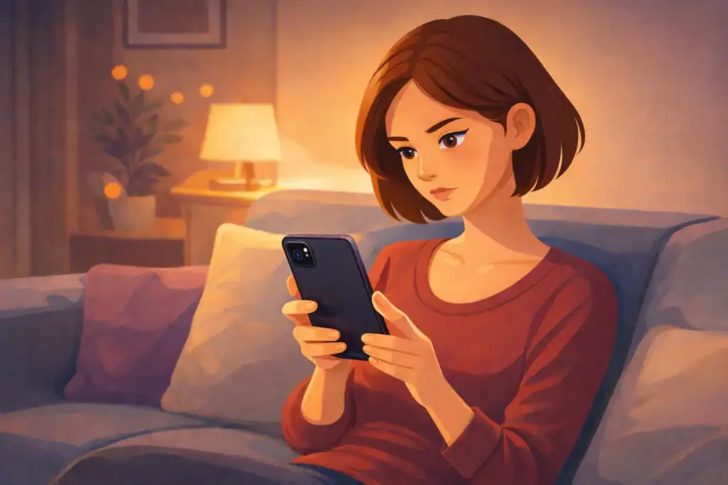 Image 1: Woman discovering Tinder cheating signs on partner's phone 
