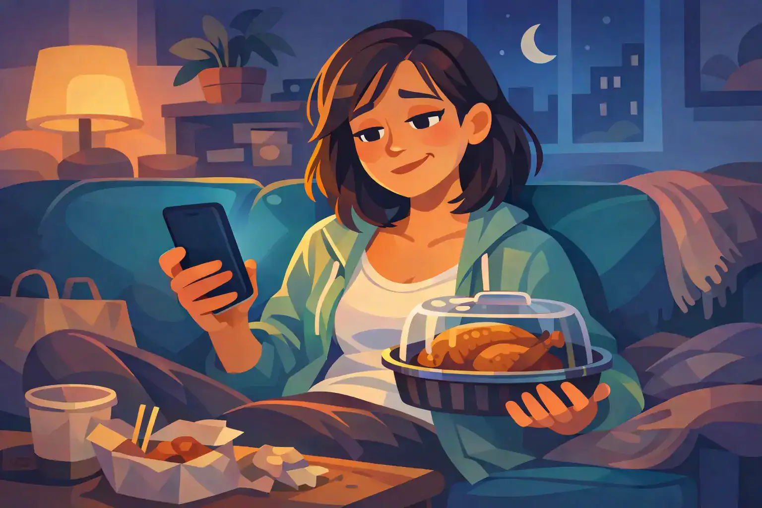 Woman eating rotisserie chicken from container while looking at phone showing unanswered Tinder message saying: How was your day?