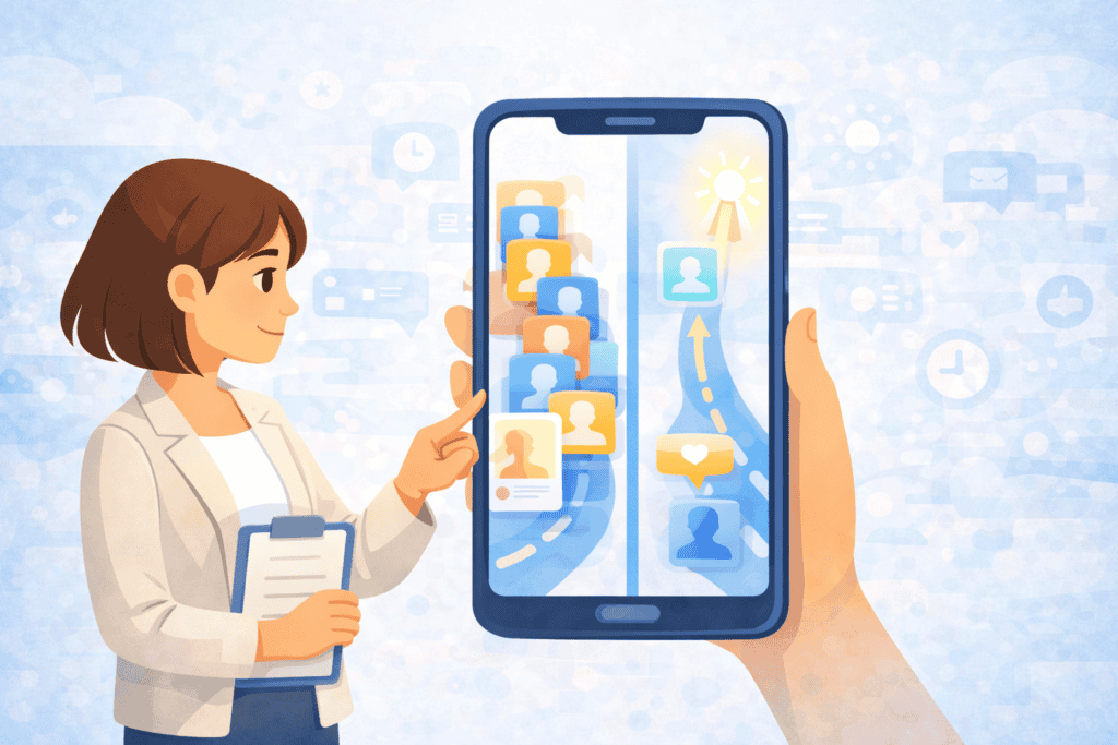 Illustration explaining how paid dating app features affect timing and visibility