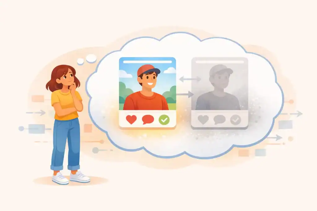 Woman comparing an active Tinder profile with a faded inactive one