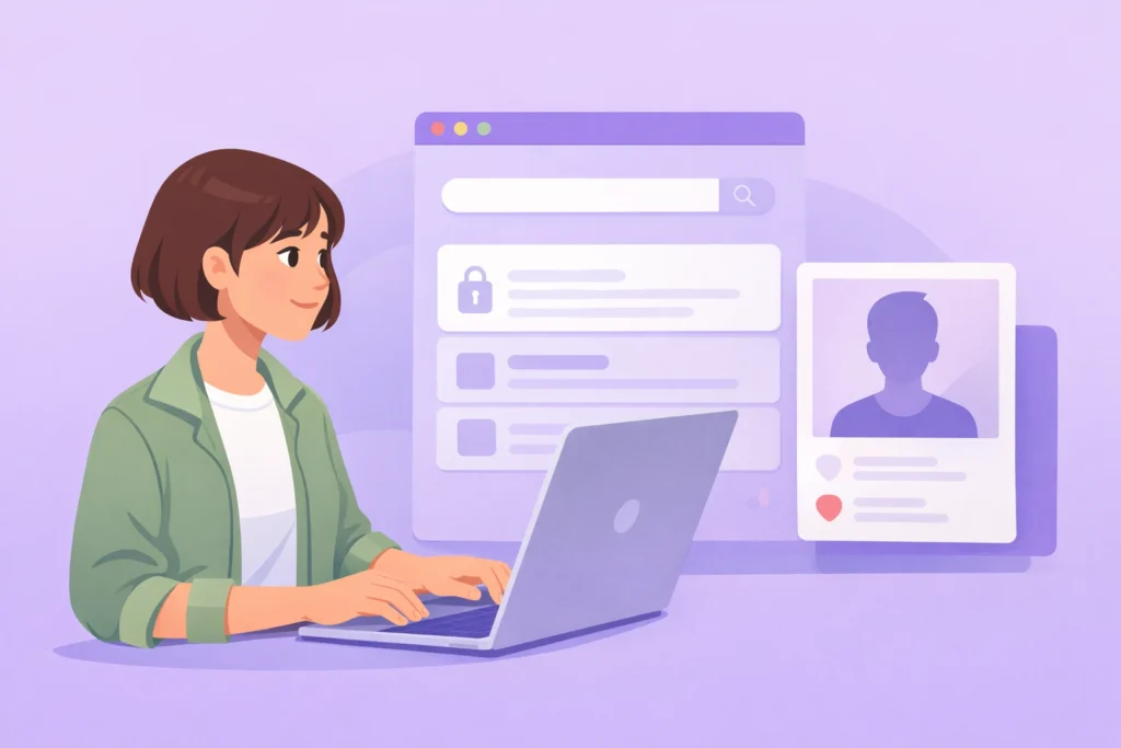 Woman using laptop to run a Tinder profile search on Google, with a search bar and profile card on screen