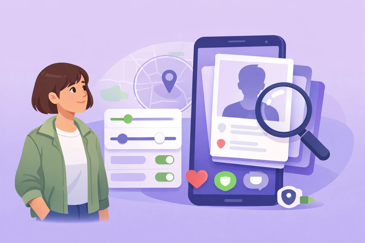 Woman looking at a phone showing Tinder discovery filters, location settings, and profile cards representing a tinder profile search