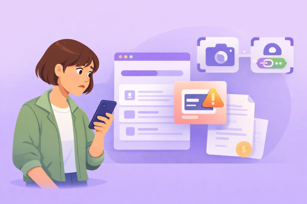 Woman looking at phone with warning signs, paywall notifications, and dollar signs representing misleading Tinder profile search lookup tools