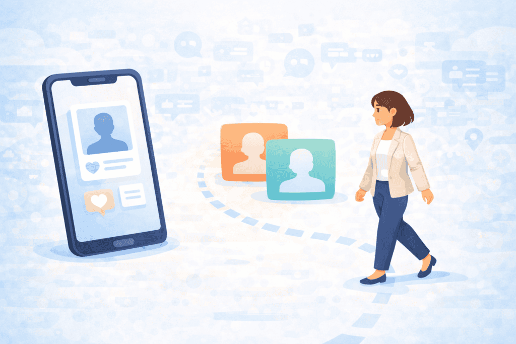 Illustration showing a deliberate decision to switch dating app environments