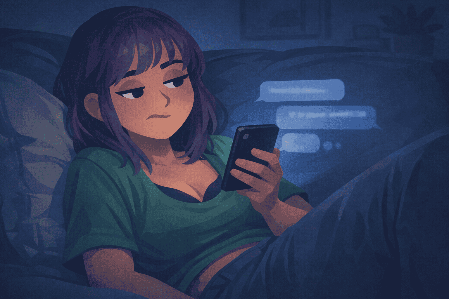 Woman looking unimpressed at sexually forward dating app messages on phone