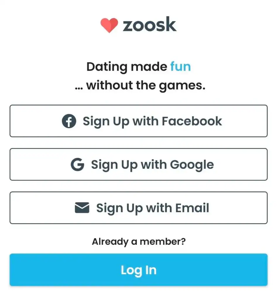 Zoosk review of the app signup screen with Facebook, Google, and email options
