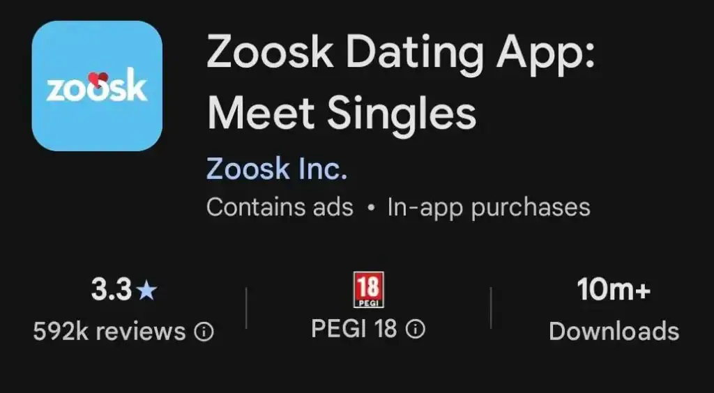 Is Zoosk worth it - Google Play Store listing showing 3.3 star rating and 10 million downloads