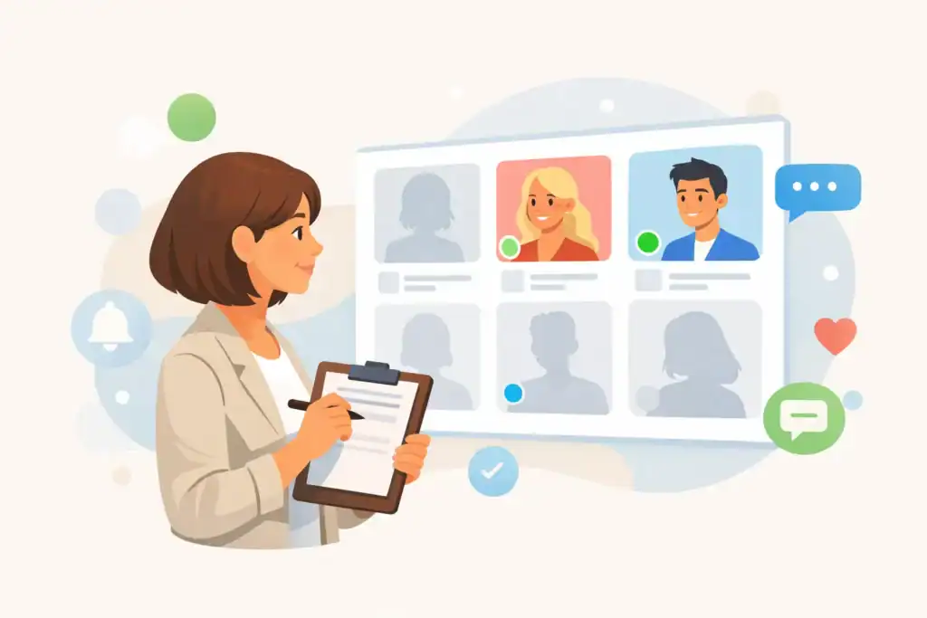 Zoosk review showing mix of active and ghost profiles with green and blue activity indicators