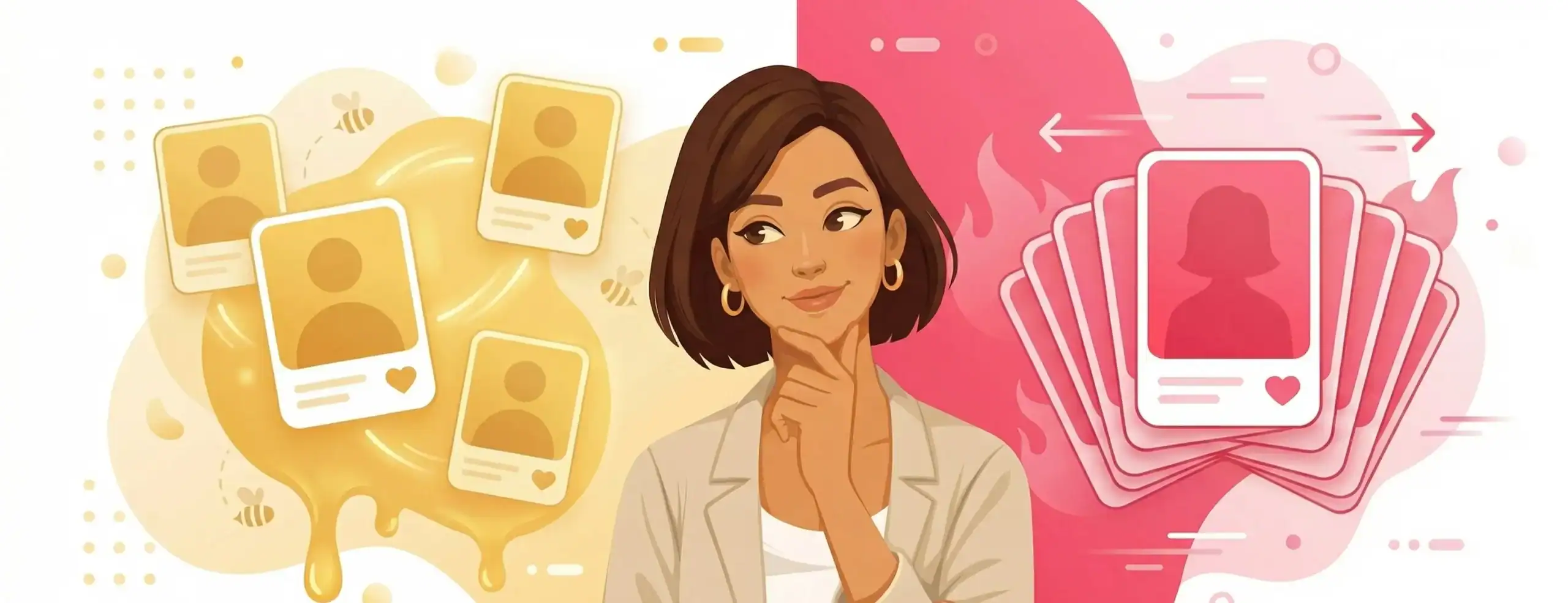 Woman deciding on Bumble vs Tinder, with Bumble's honey-gold profile cards on one side and Tinder's pink swipe cards on the other