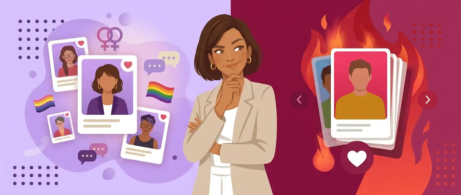 Illustration comparing tinder for girls options, a queer woman choosing between HER's community-focused profiles and Tinder's swipe-based dating