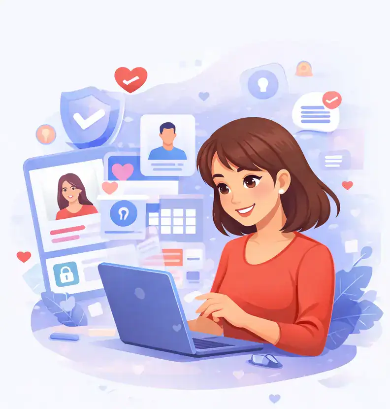 Woman researching dating apps on laptop with profile cards, security shields, and review elements around her