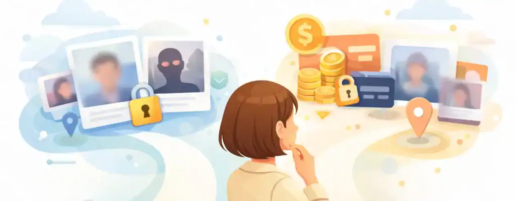 Victoria Milan review weighing privacy features like anonymous profiles and disguised billing against premium subscription costs and fake profile risks