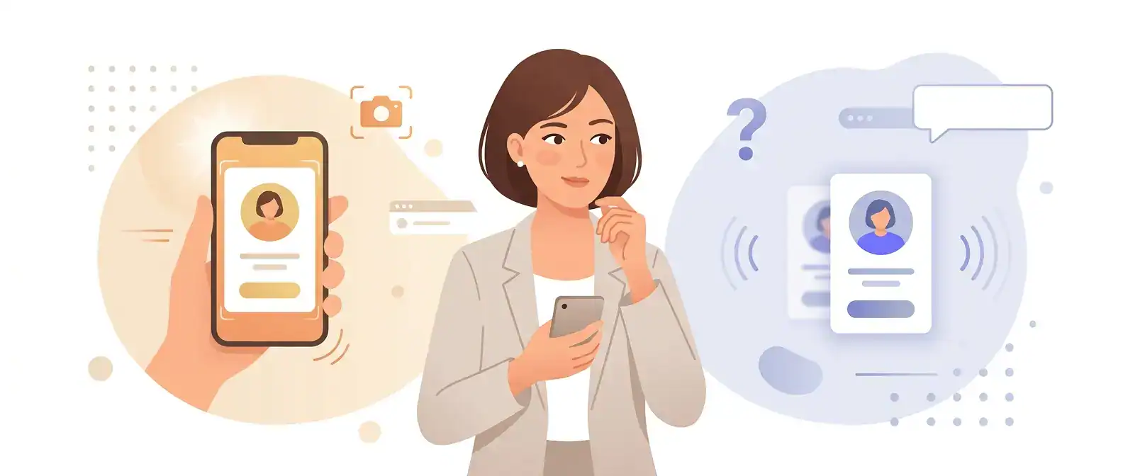 Woman holding phone wondering Does Tinder Notify When You Screenshot ? With phone screens showing profile captures and question marks.