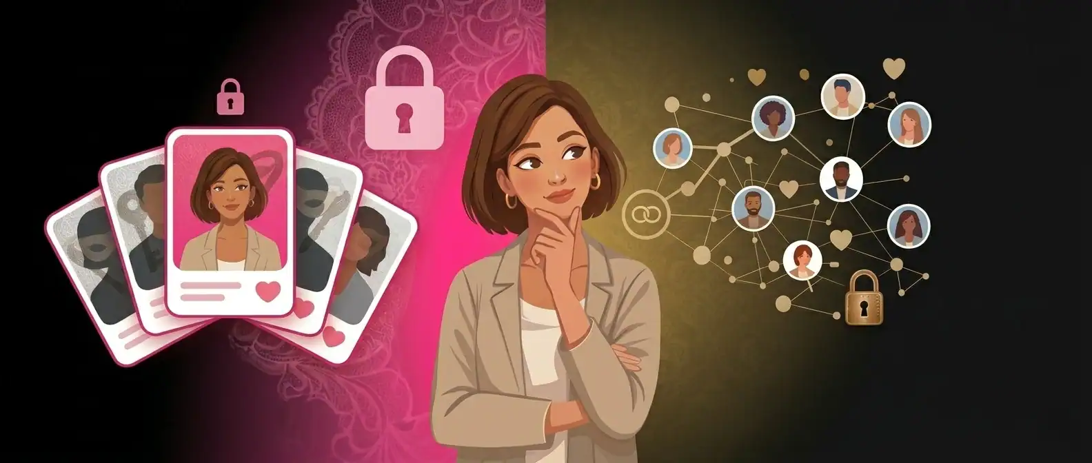 Ashley Madison vs Victoria Milan comparison showing a woman deciding between two discreet dating platforms